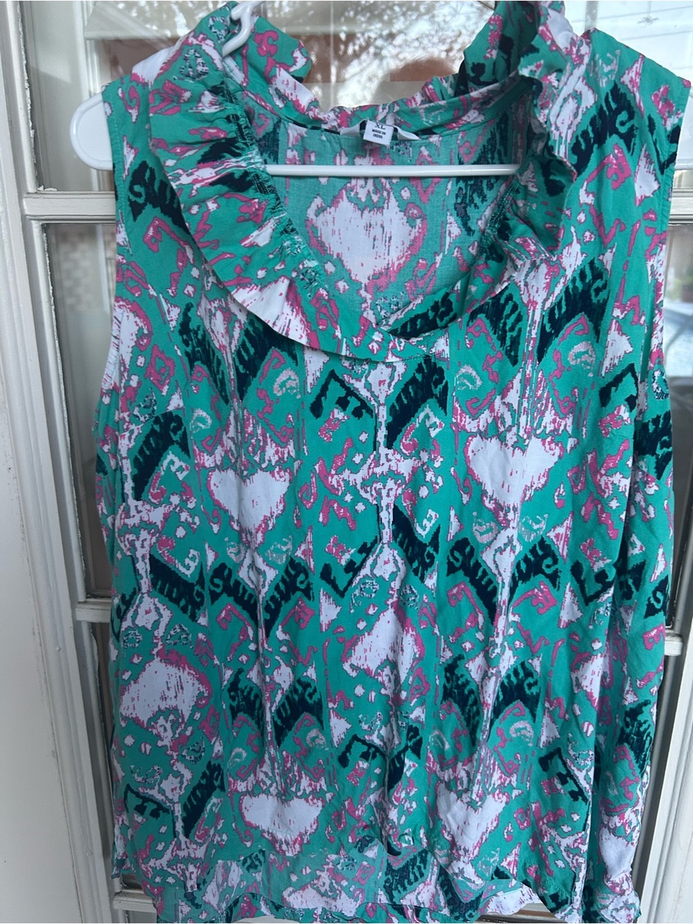 crown & ivy Teal Pink White Printed Ruffle-Neck Sleeveless Top